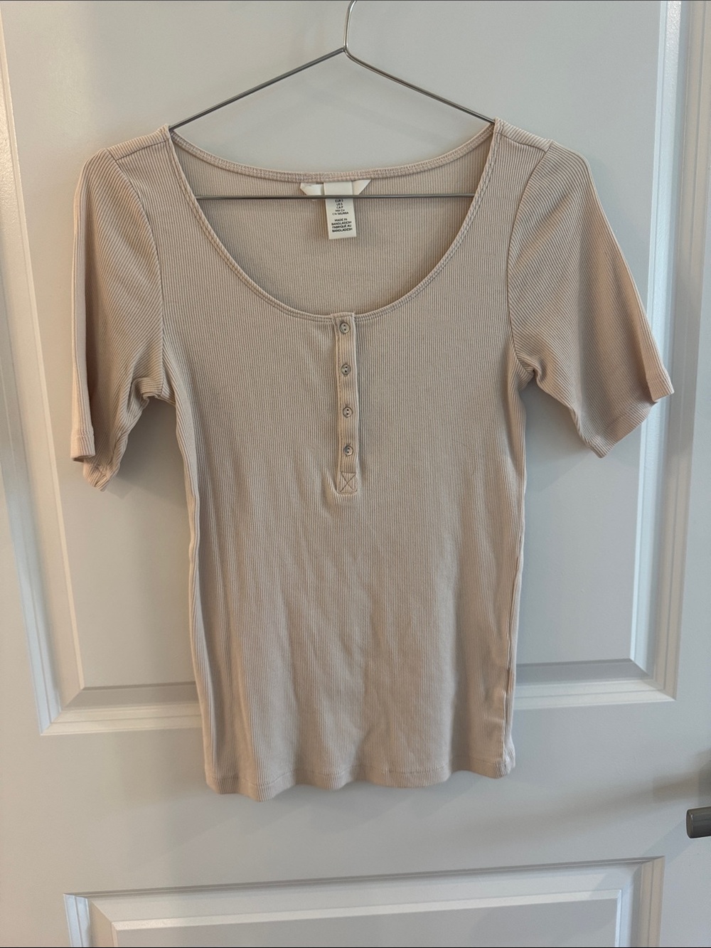H&M Beige Ribbed Henley Short-Sleeve Top